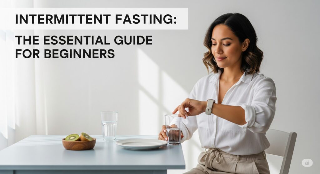 Woman looking at a clock while holding water, symbolizing intermittent fasting for beginners