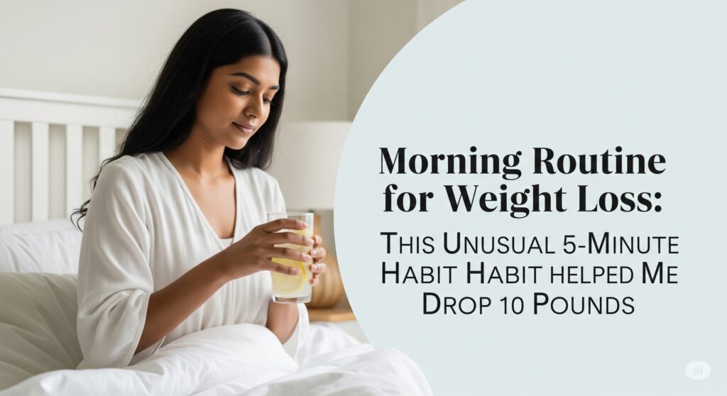 Woman practicing a simple morning routine for weight loss, standing by a sunlit window while drinking a glass of lemon water.