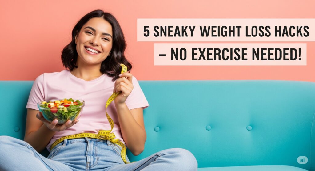 Smiling woman on a couch eating salad with measuring tape around waist, representing lazy weight loss without exercise