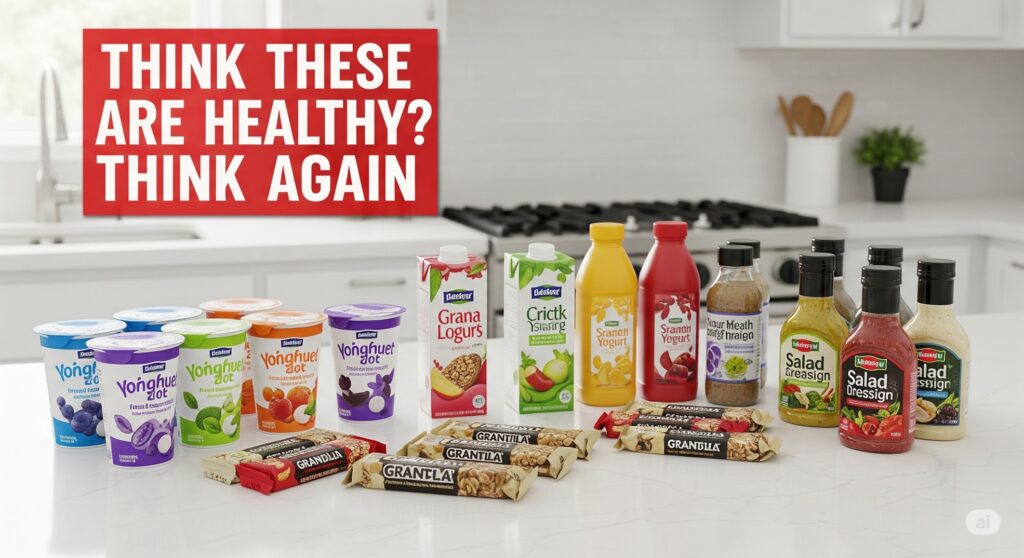 Image of deceptive health foods like yogurt, granola bars, and juice boxes that can harm weight loss progress.