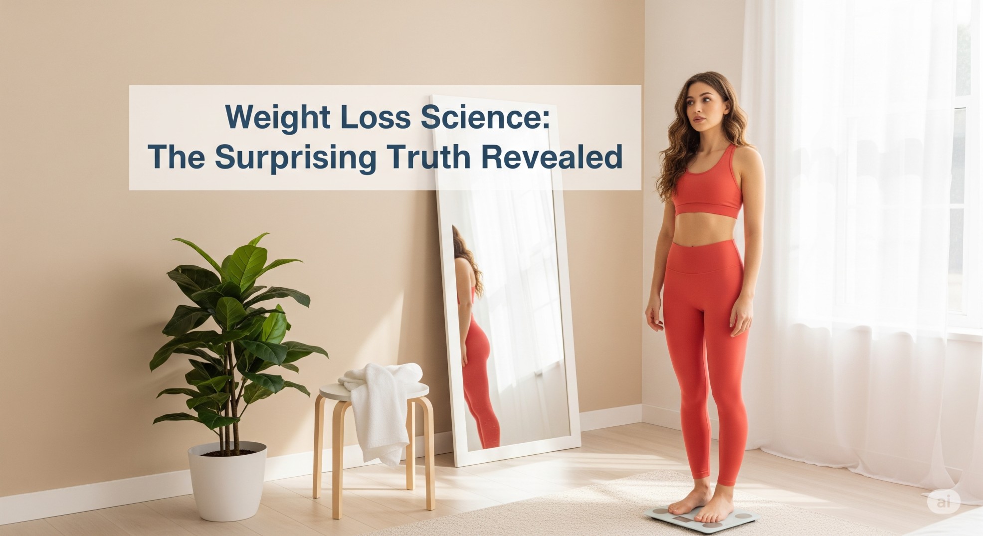 Woman in activewear looking confused at scale, symbolizing weight loss struggles and science-backed fat loss insights