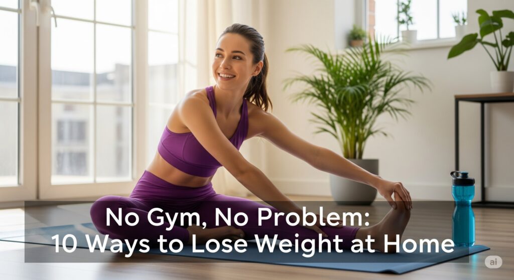 Woman doing a home workout in a bright living room with yoga mat and water bottle, symbolizing at-home weight loss.