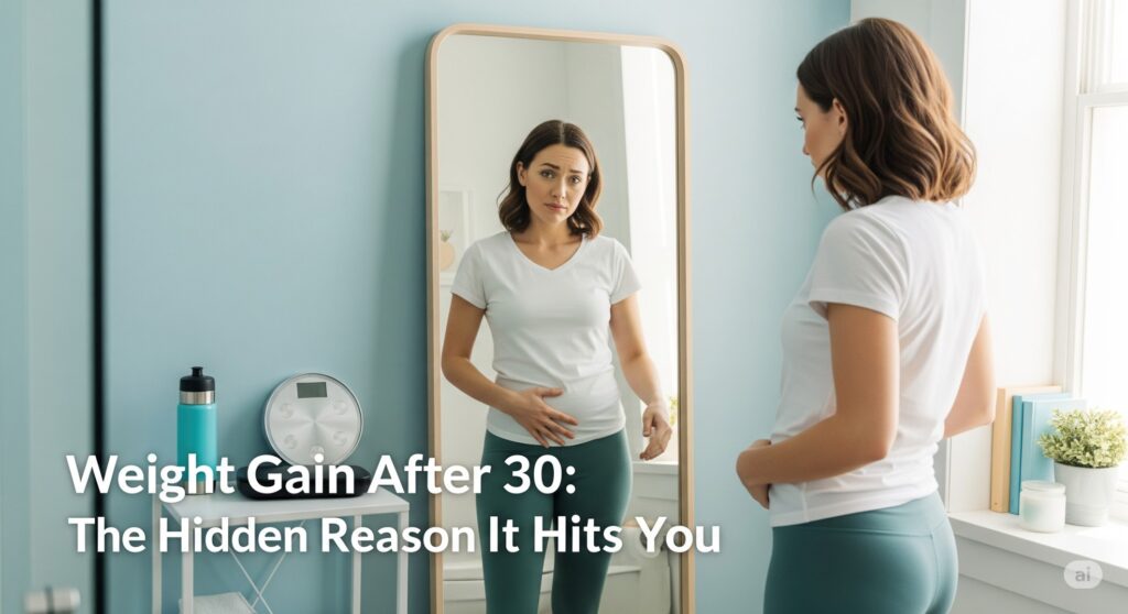 Woman in her 30s looking at her belly in mirror, representing concern about weight gain after 30