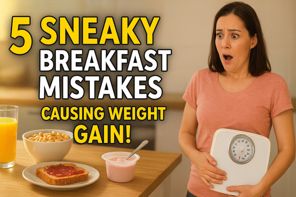 Woman surprised at breakfast table surrounded by foods that cause weight gain like cereal, juice, and toast